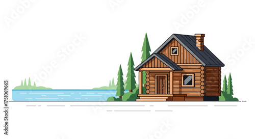 A quaint log cabin nestled on the shores of a serene lake surrounded by evergreen trees offering a peaceful escape in nature