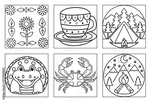 Floral Square Design with Sunflower Leaves and Corner Flowers Botanical Decoration Coloring Page