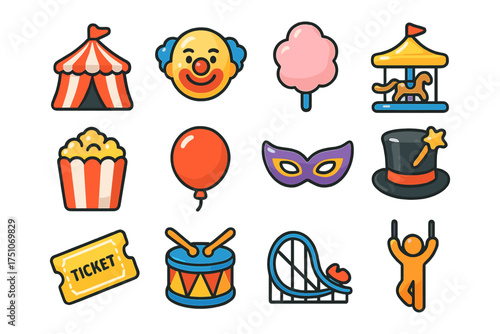 Colorful cartoon carnival icons set featuring circus tent, clown, popcorn, and funfair elements