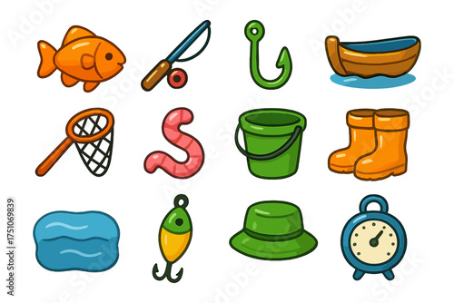 Colorful fishing icons set featuring equipment and accessories