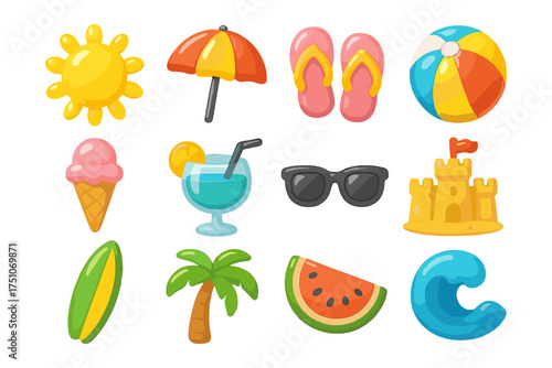 Colorful summer icon set: sun, beach, and fun elements for seasonal design