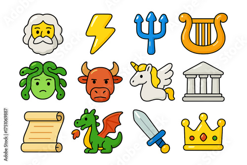 Mythical icons set: colorful ancient greek and fantasy symbols