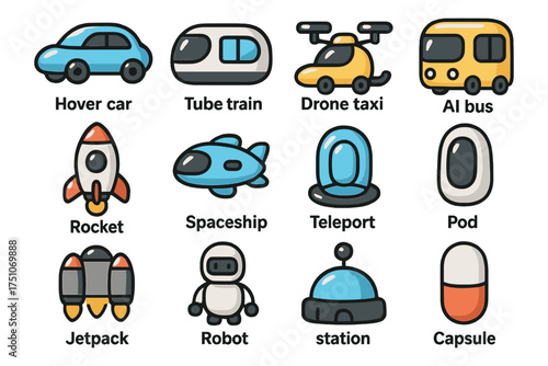 Futuristic transport icons featuring cars, drones, trains, and space elements