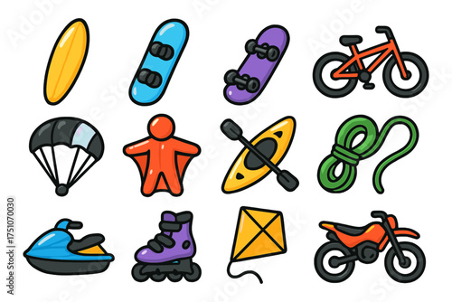 Colorful adventure icons: surfing, skating, biking, and more outdoor fun