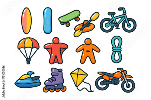 Colorful doodle icons of fun outdoor sports and adventure activities