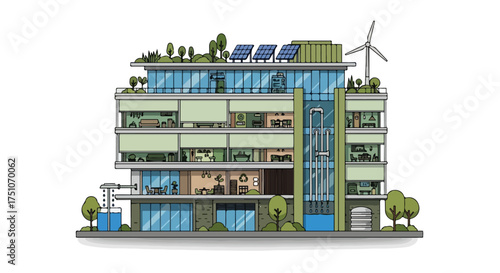 Stylized eco-friendly building showcasing renewable energy sources and sustainable design elements for environmentally conscious living