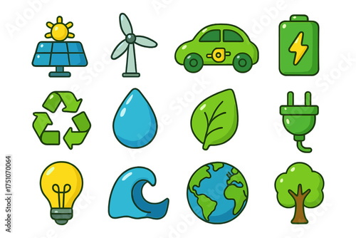 Eco-friendly icons collection highlighting renewable energy and sustainability concepts
