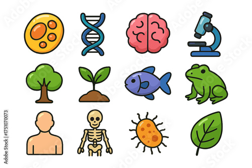 Science and nature icons set featuring biology elements and ecosystem symbols