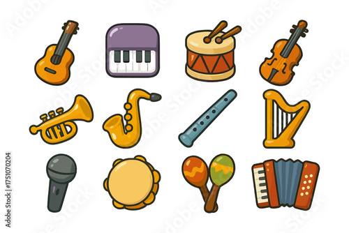 Colorful cartoon musical instruments collection for music enthusiasts