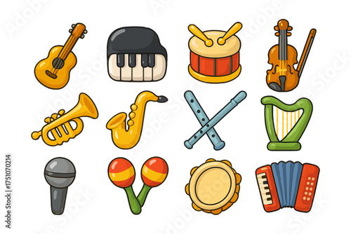Cartoon musical instruments set: colorful icons of popular instruments
