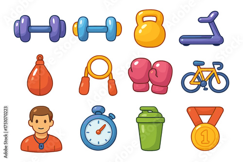 Colorful fitness and sports icons for gym and exercise themes