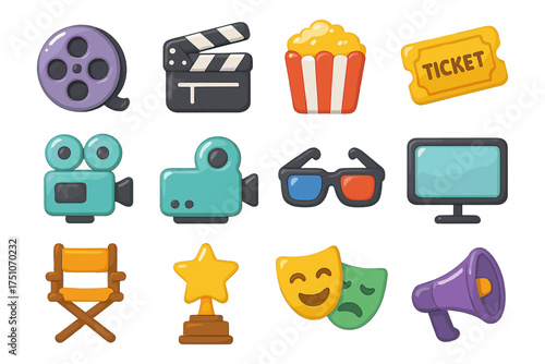 Colorful cinema icons featuring camera, director’s chair, popcorn, and more
