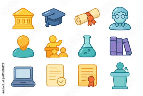 Educational icons set featuring graduation cap, diploma, and lecture symbols in flat design