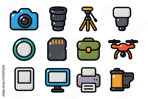 Modern photography equipment icons: cameras, lenses, drones, and accessories