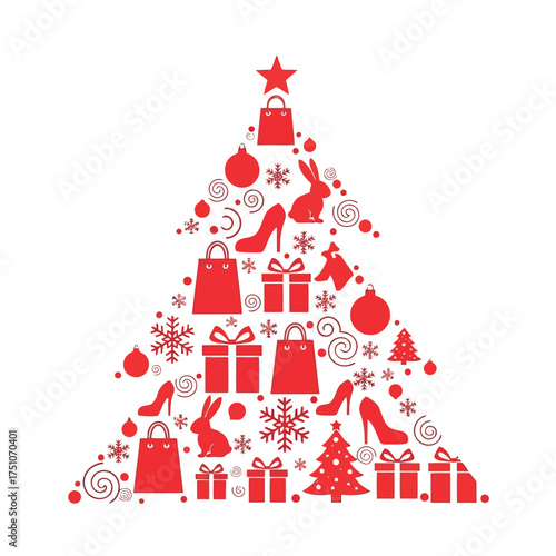 A vector illustration vector art of christmas tree silhouette made of red shopping bags, gifts, shoes, and ornaments