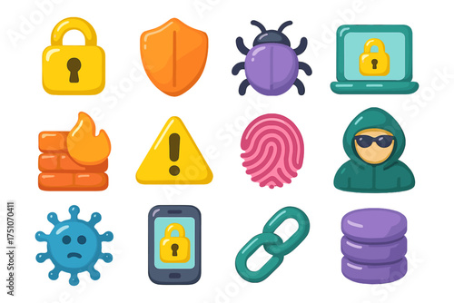 Colorful cybersecurity icons set with lock, shield, virus, and warning symbols