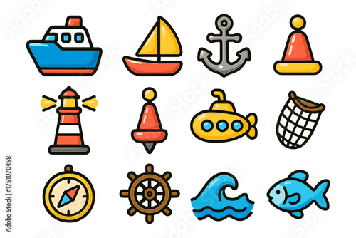 Nautical icon set with colorful flat design elements for marine-themed projects