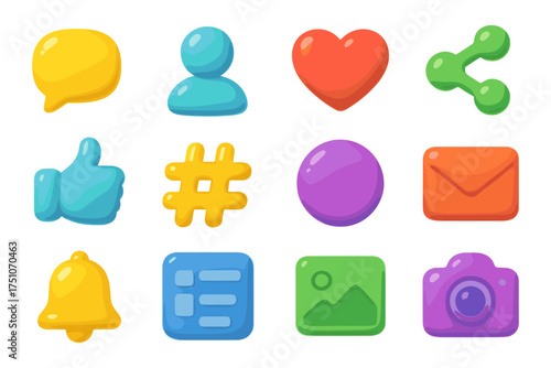 Colorful 3d social media icons set including heart, camera, and share symbols