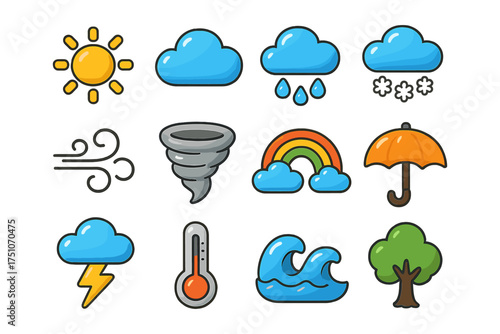 Colorful weather icons: sun, clouds, rain, snow, and more in flat style