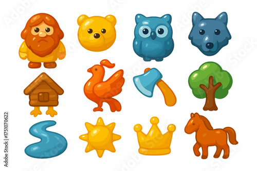 Colorful cartoon animal and object icons with playful design elements