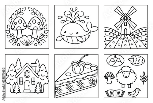 Charming Nature Food and Animal Outlines for Childrens Coloring Page Activities Set B