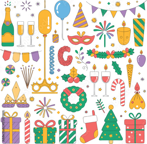 Modern Filled Outline Celebration Bundle with Winter and Party Elements.