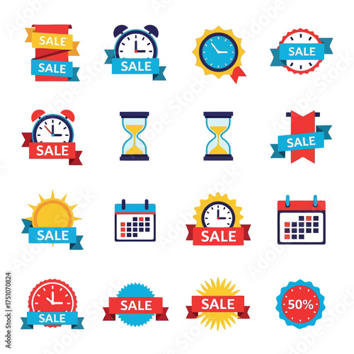 A vector illustration vector art of assortment of sale icons and banners with clocks, calendars, and sun