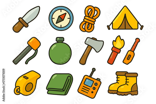 Colorful camping gear icons for outdoor adventure and hiking enthusiasts