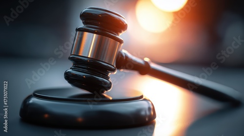 Close-up of a Wooden Gavel Resting on a Sound Block with Warm Sunset Background and Soft Lighting for Legal Justice and Courtroom Theme