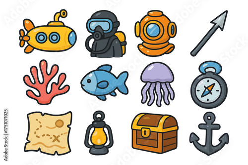 Colorful nautical cartoon icons set: submarine, diver, anchor, and more