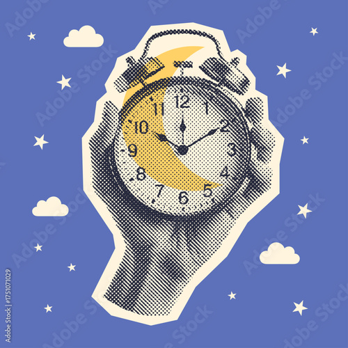 hand holding a clock with a crescent moon, retro halftone design illustration