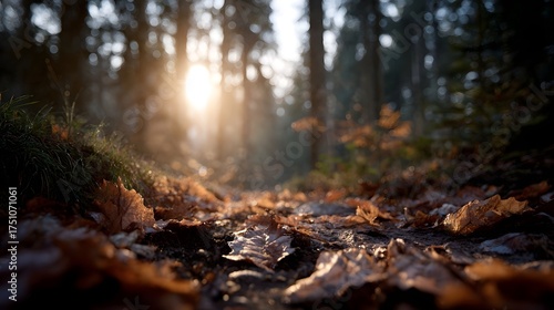 Golden sunbeams illuminate a forest path covered in fallen autumn leaves
