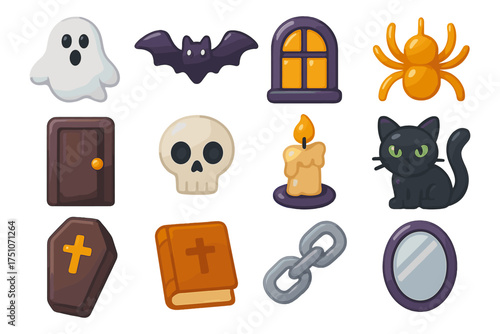 Halloween cartoon icons set: ghost, skull, black cat, and more