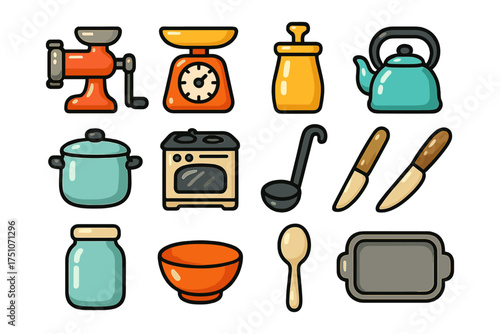 Kitchen utensils collection featuring colorful vintage style appliances and cooking tools