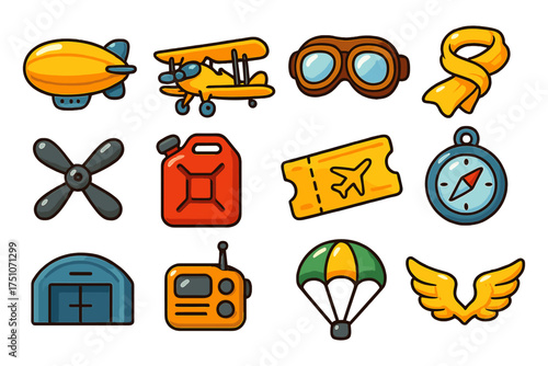 Colorful aviation icons set: retro air travel and adventure elements