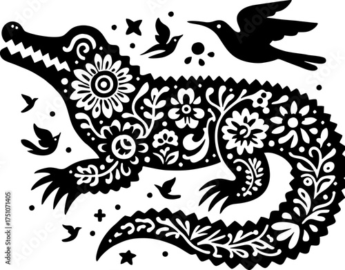 Vector Black Silhouette of Alligator in Bold Mexican Tribal Art Style