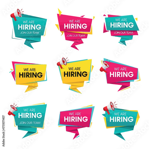A vector illustration vector art of collage of colorful banners with the text we are hiring and a megaphone, indicating job opportunities