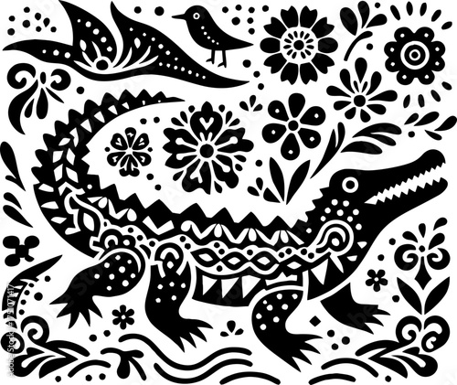 Vector Black Silhouette of Alligator in Bold Mexican Tribal Art Style
