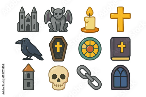 Gothic halloween icons collection with spooky symbols and dark elements