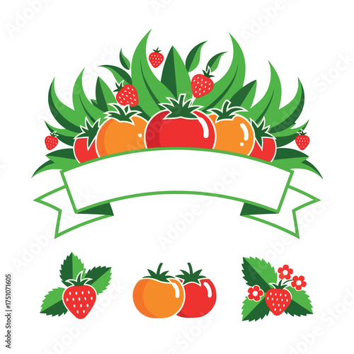 A vector illustration vector art of fresh strawberries and tomatoes with green leaves and a banner