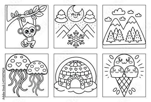Cute Animals and Winter Themes Line Art for Kids Creative Coloring Page