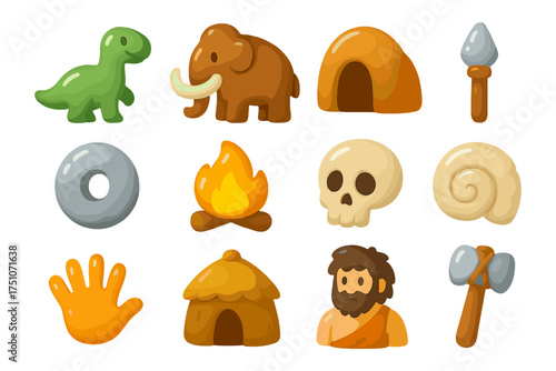 Cartoon prehistoric icons set featuring caveman, dinosaur, and tools
