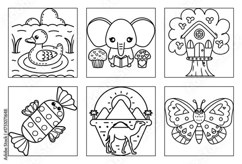 Cute Duckling Swimming on Pond in Nature Landscape Coloring Page Line Art Simple Animal Character Drawing for Kids Children Fun Activity Artwork