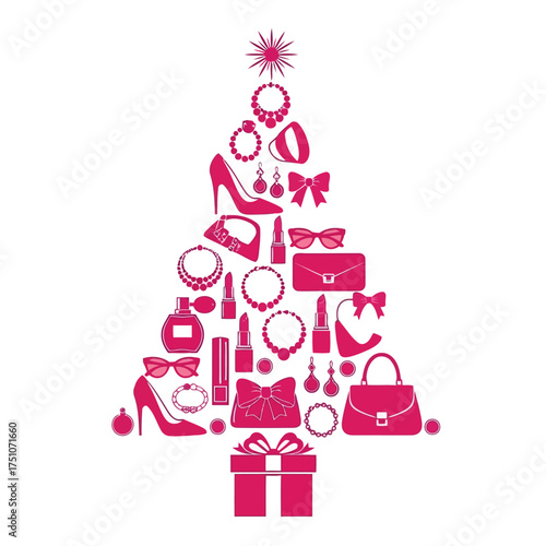 A vector illustration vector art of christmas tree shape formed by womens fashion accessories like shoes, handbags, and jewelry