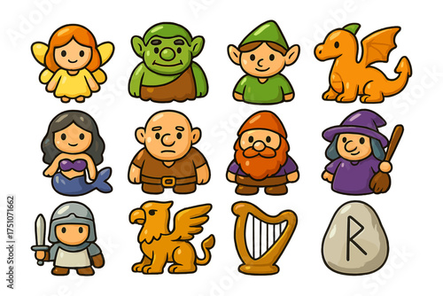 Cute fantasy characters set: fairy, ogre, elf, dragon, mermaid, knight, wizard, dwarf