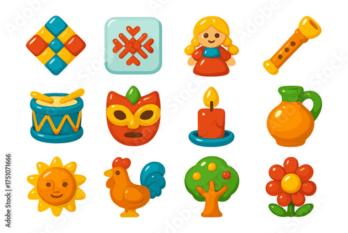 Colorful festive objects collection featuring toys, musical instruments, and decorative items