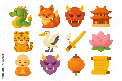 Traditional asian culture icons set with animals and symbols in flat design