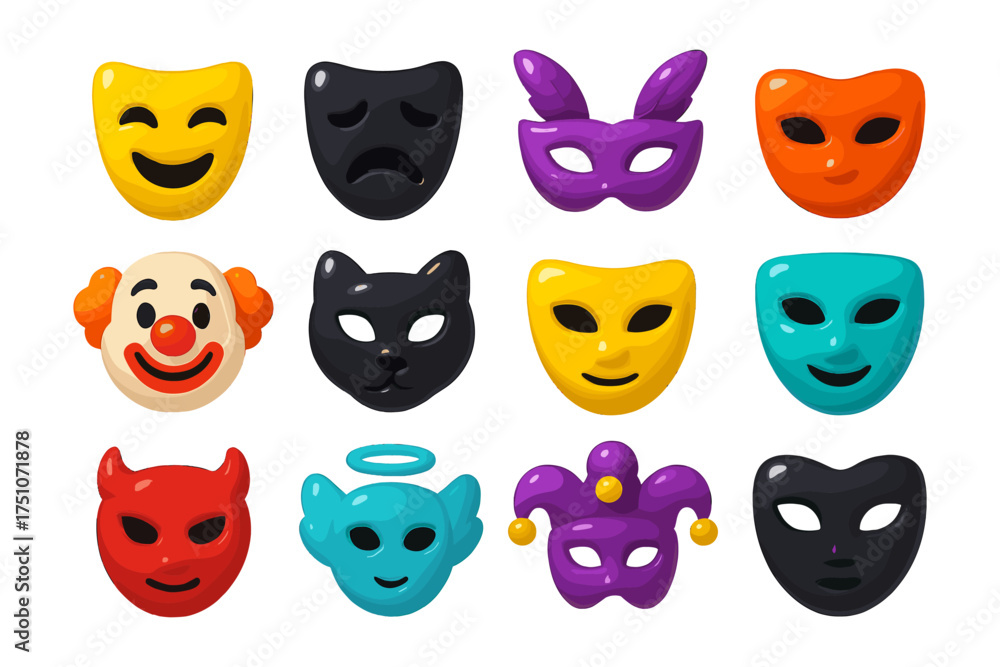 Fototapeta premium Colorful cartoon masks collection featuring clown, cat, devil, and jester faces