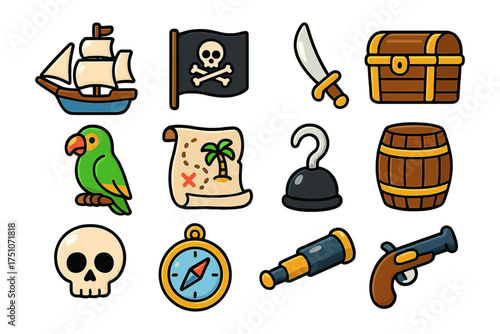 Colorful cartoon pirate icons set featuring ship treasure map and parrot