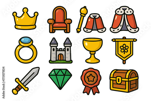 Medieval icons set: crown, throne, castle, sword, and more in vibrant colors